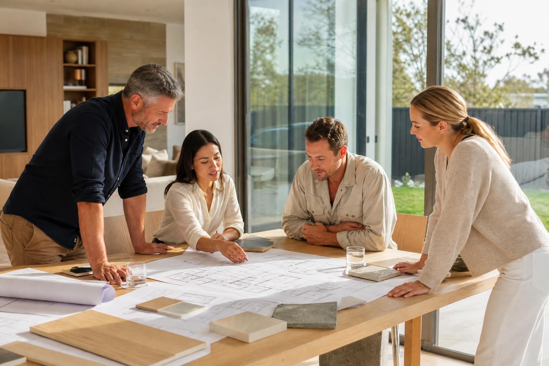 Architect and homeowners reviewing renovation plans in a modern Australian home